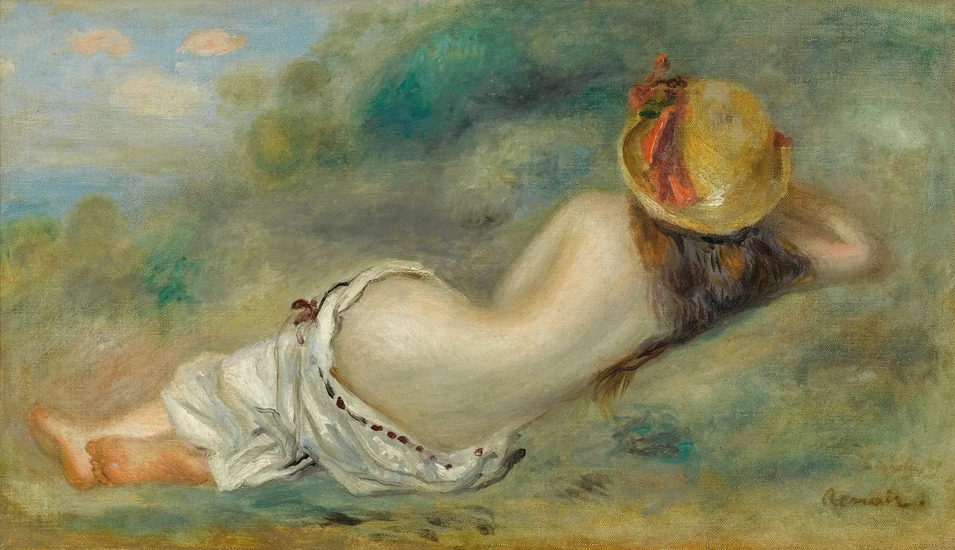 Baigneuse Allongee De Dos Avec Un Chapeau De Paille Or Femme Couchee Sur Lherbe