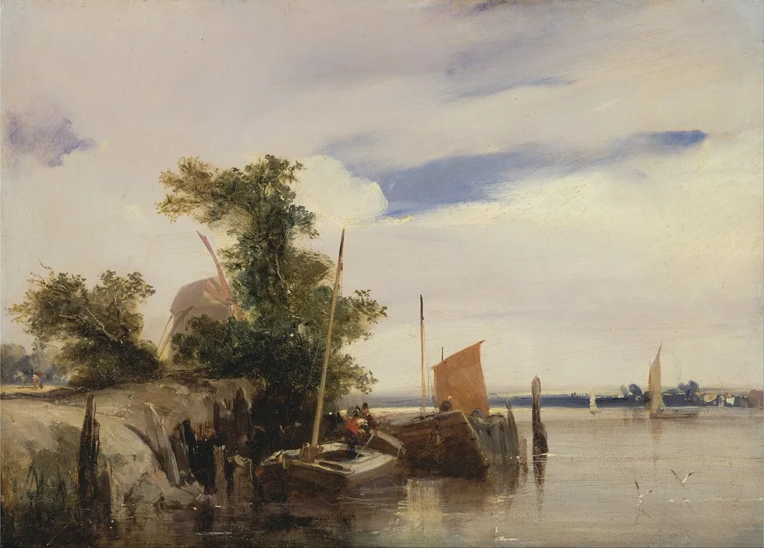 Barges On A River 2 by Richard Parkes Bonington - Canvas Print
