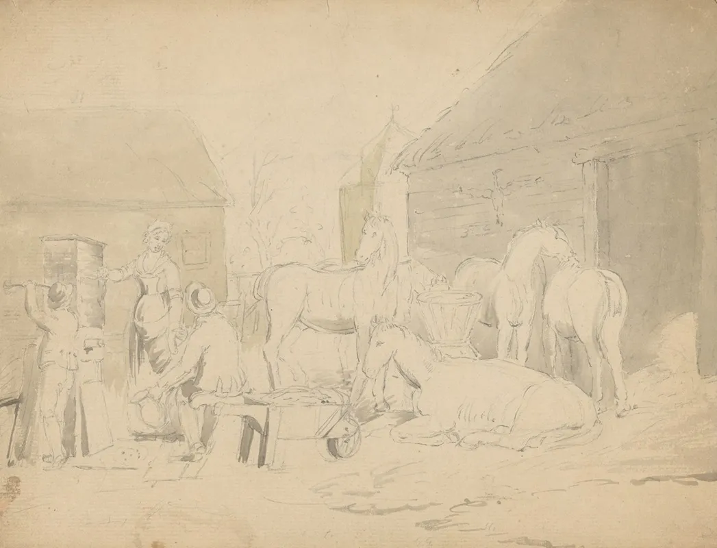 Barnyard Scene With Three People By Well And Horses