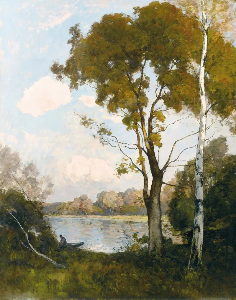 Barque Au Soleil Couchant Deux Grands Arbres A Droite by Paul Lecomte - Canvas Print