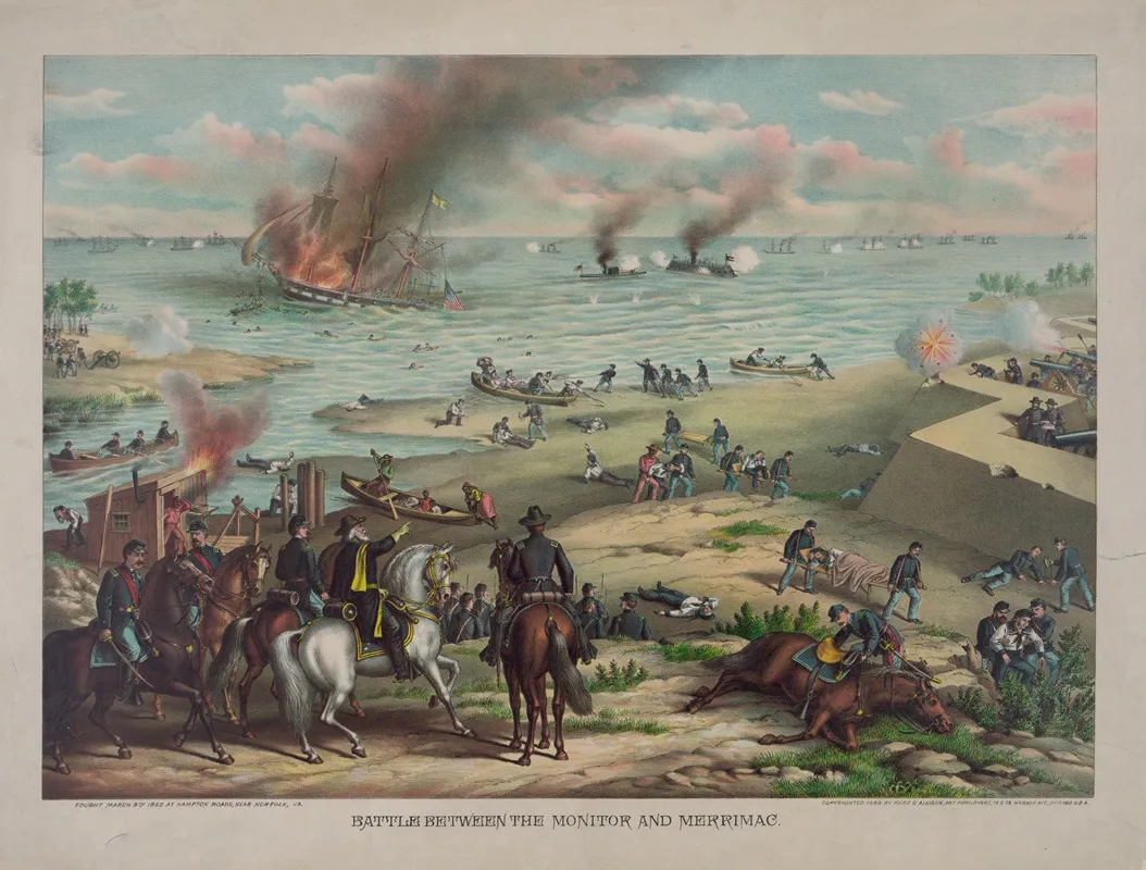 Battle Between The Monitor And Merrimac Fought March 9th 1862 At Hampton Roads Near Norfolk Va 2 by Kurz &amp; Allison - Canvas Print
