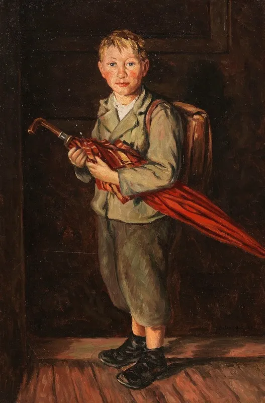 Bauernbub Mit Schirm Und Ranzen