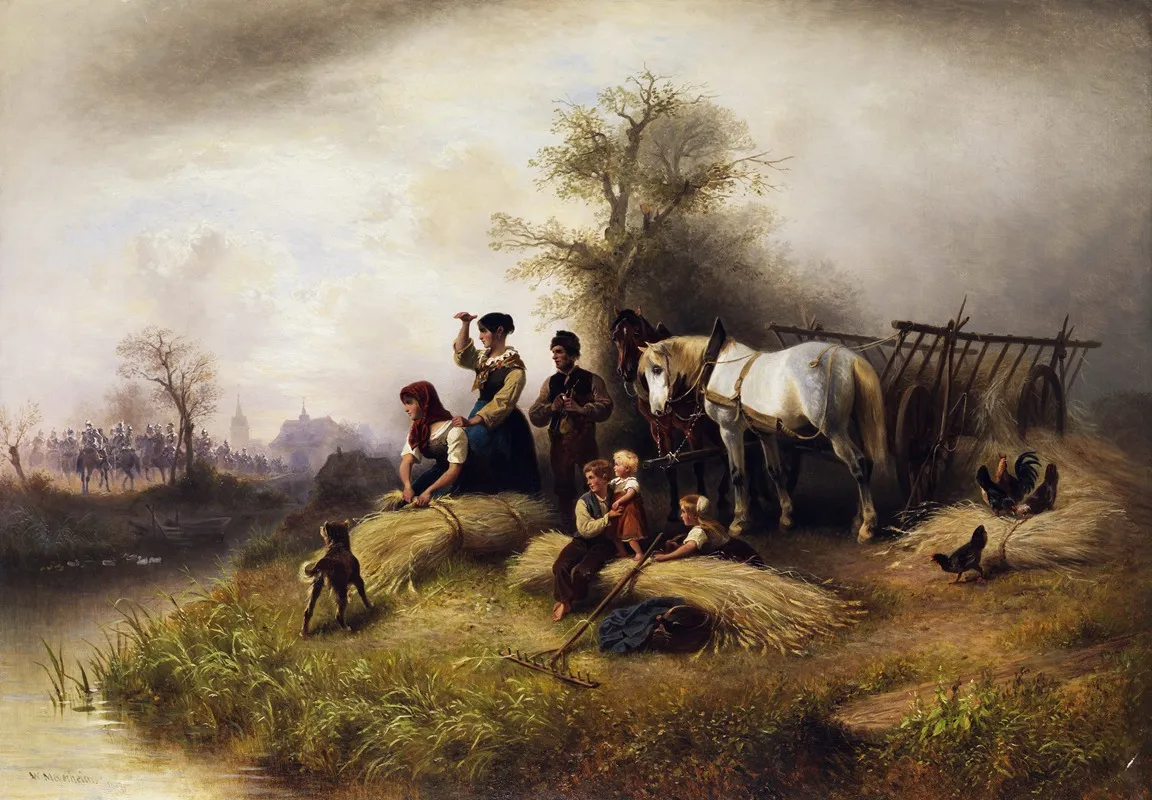 Bauernfamilie Bei Der Kornernte Und Kavallerie by Wilhelm Alexander Meyerheim - Canvas Print