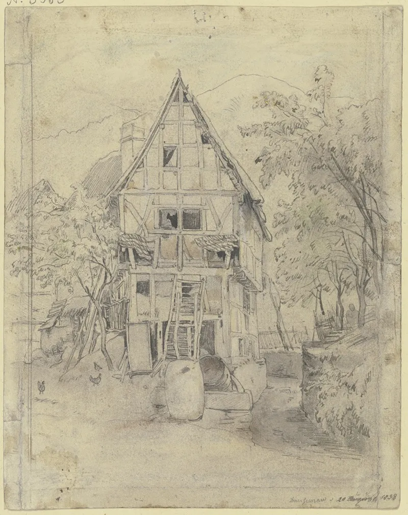 Bauernhaus Unter Baumen Davor Einige Fasser Und Huhner