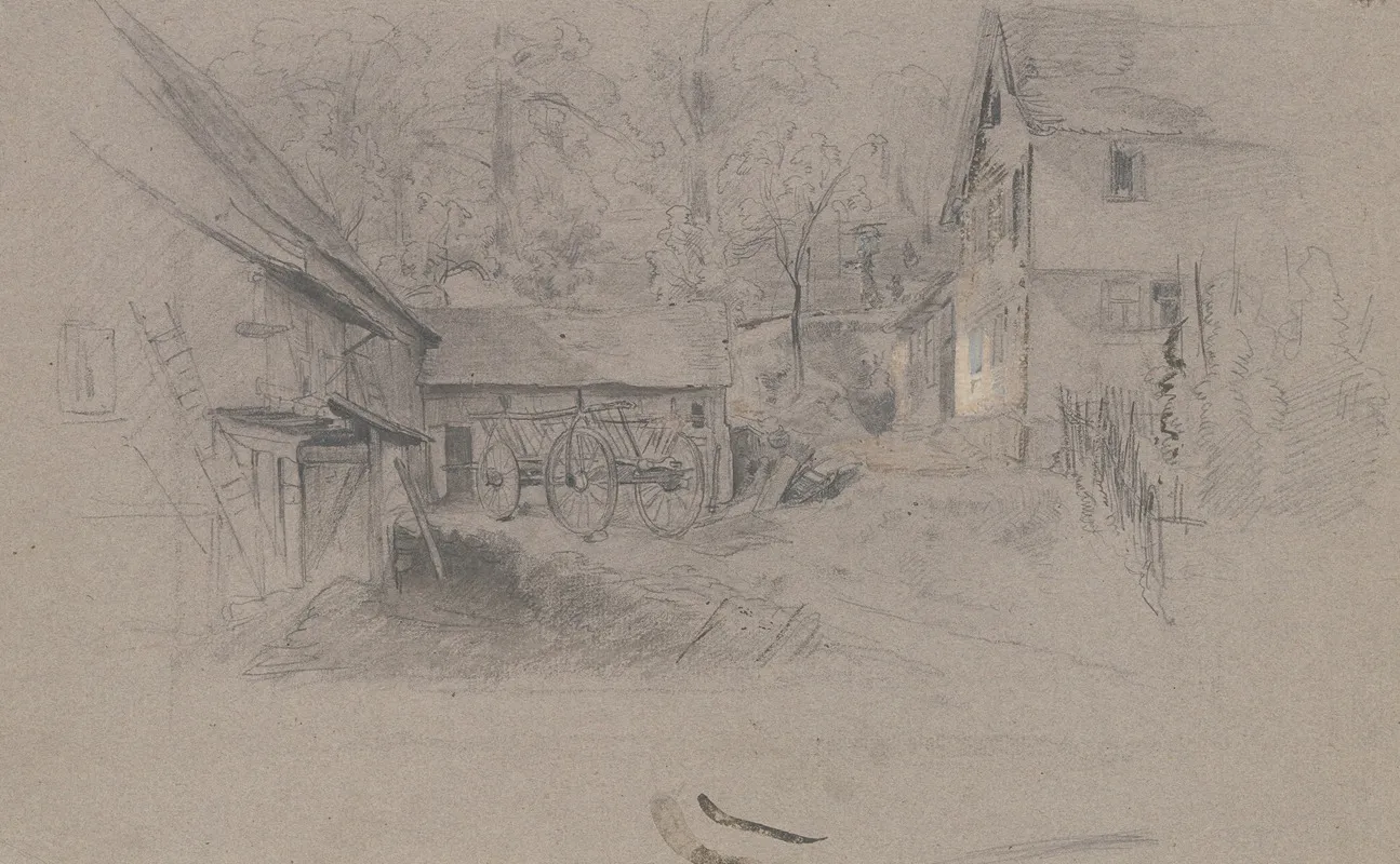 Bauernhof Links An Den Stallen Bei Dem Mist Steht Ein Leiterwagen Rechts Das Wohnhaus Mit Zaun Im Hintergrund Baume