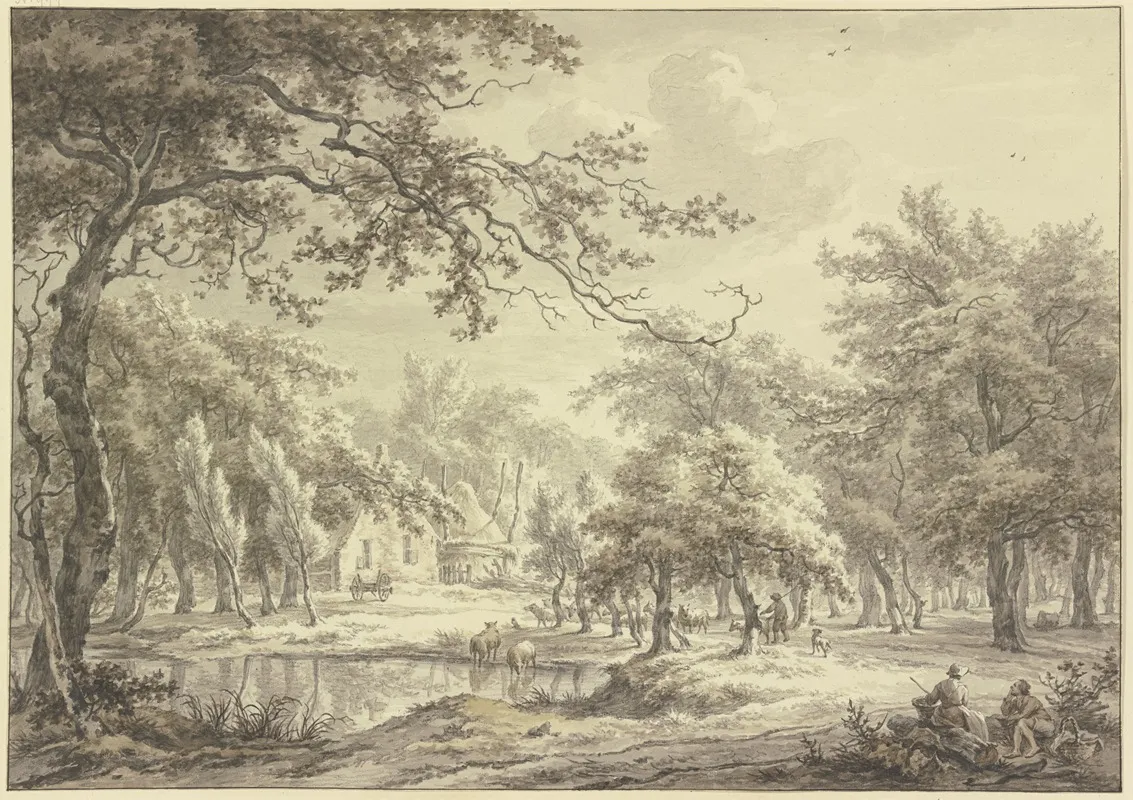 Bauernhof Mit Grosem Heuhaufen In Einem Wald Im Mittelgrund Schafe An Einem Weiher by Egbert van Drielst - Canvas Print
