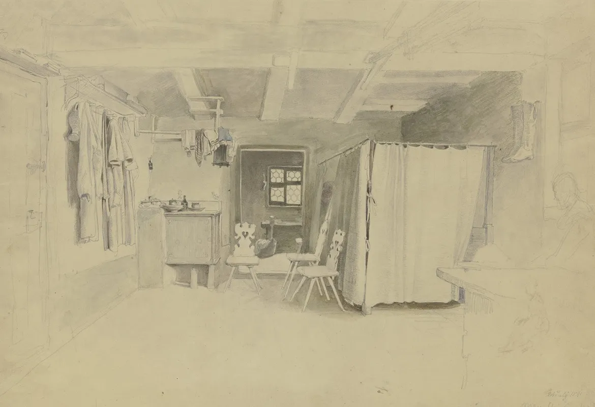 Bauernstube Rechts Das Bett Mit Vorhang An Der Wand Hangt Ein Paar Stiefel Links Der Ofen An Der Wand Hangen Verschiedene Kleider