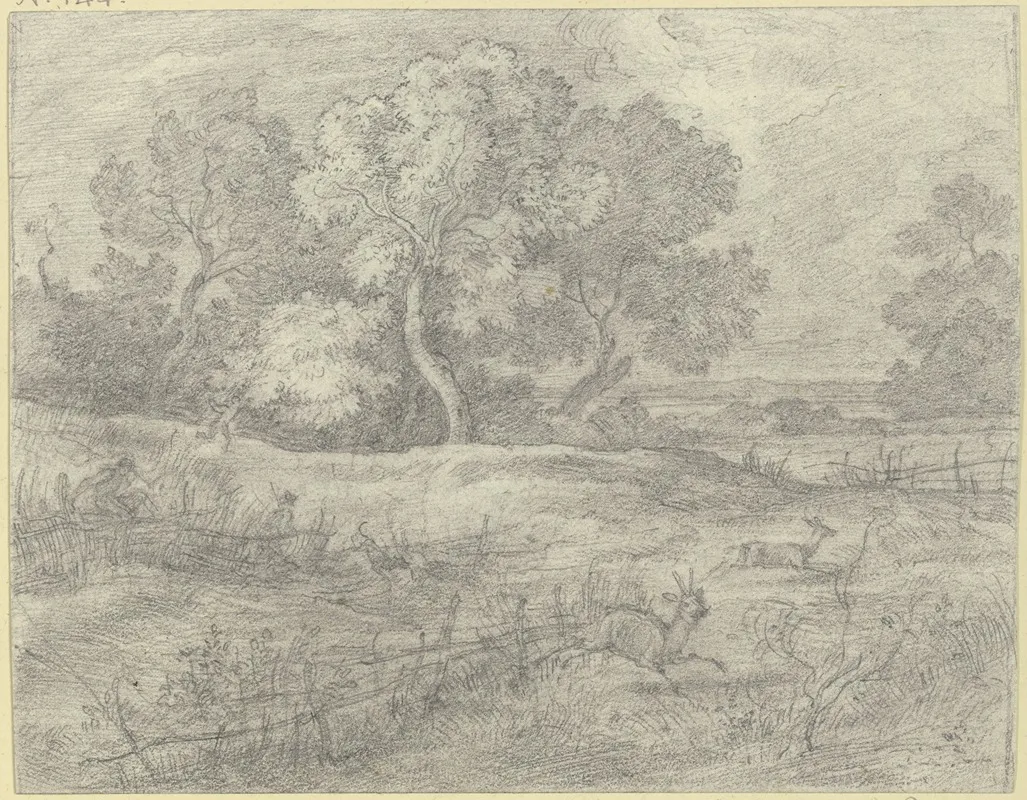 Baumbestandene Wiesenlandschaft Uber Die Jager Fliehende Rehe Verfolgen by Johann Heinrich Ferdinand Olivier - Canvas Print