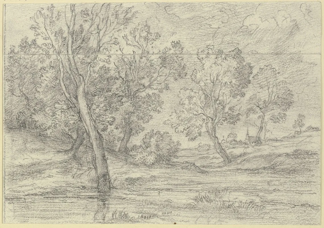 Baumgruppen Am Wasser Im Hintergrund Eine Kirche by Johann Heinrich Ferdinand Olivier - Canvas Print