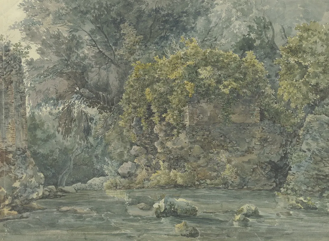 Baumlandschaft Mit Verfallenem Gemauer An Einem Bach by Jacob Philipp Hackert - Canvas Print