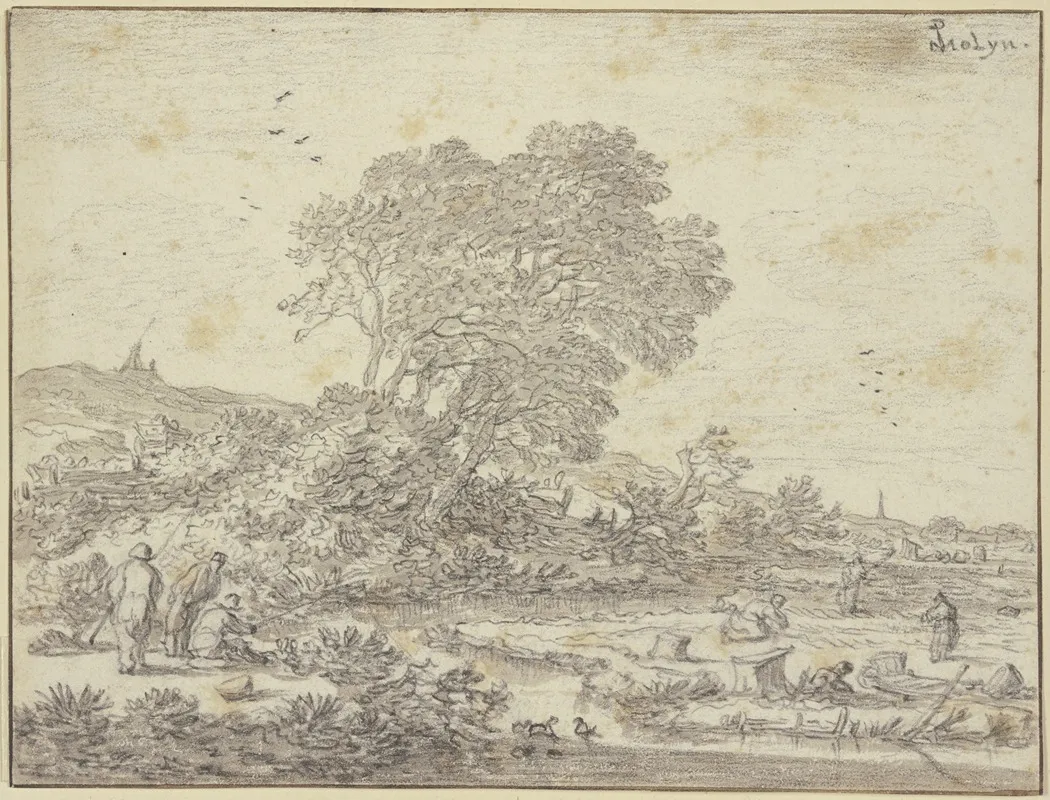 Baumpartie Am Wasser Leute Sind Auf Dem Felde Beschaftigt Links Am Bach Drei Angler by Pieter de Molijn - Canvas Print