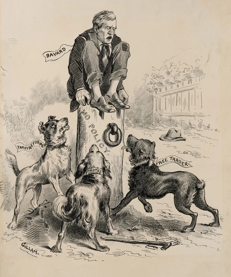 Bayard Crouching Atop Tree Stump No Policy Terrorized By Three Angry Dogs Tariff Reformer Protectionist Free Trader by Bernhard Gillam - Canvas Print