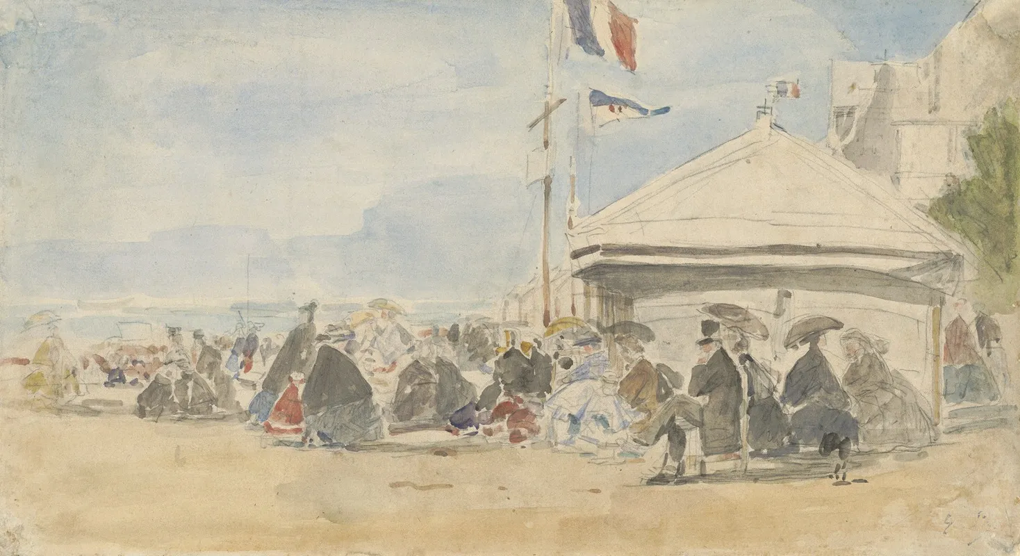 Beach House With Flags At Trouville by Eugène Boudin - Canvas Print