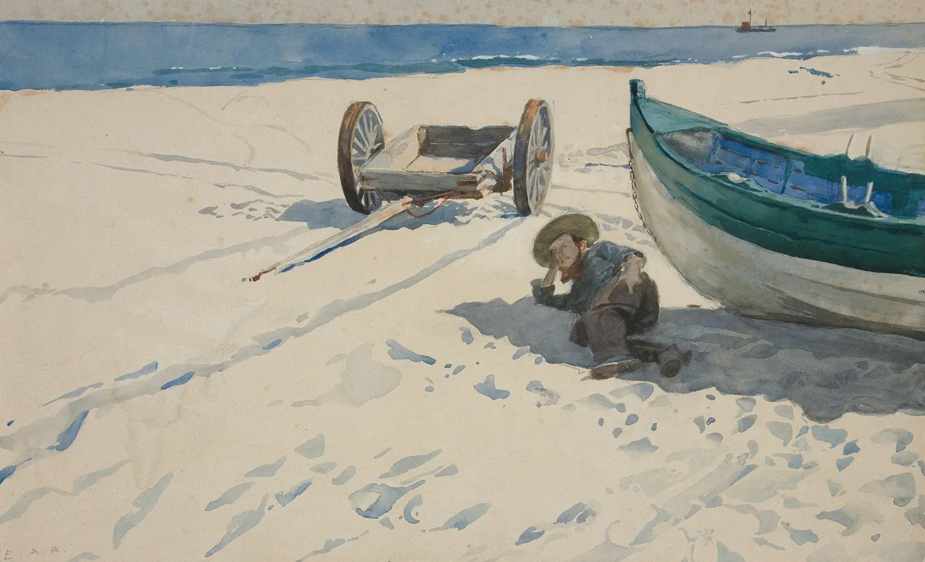 Beach Scene With Man Resting In Shadow Of Boat