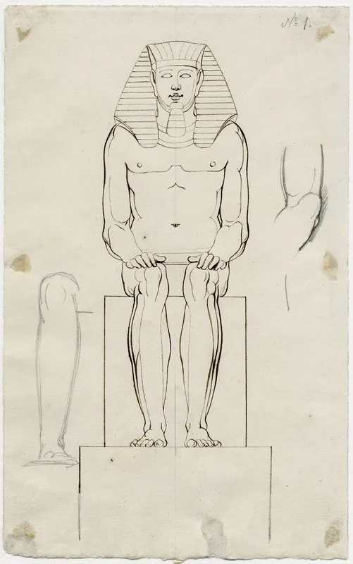 Beeld V E En Face Zittende Egyptische Koning