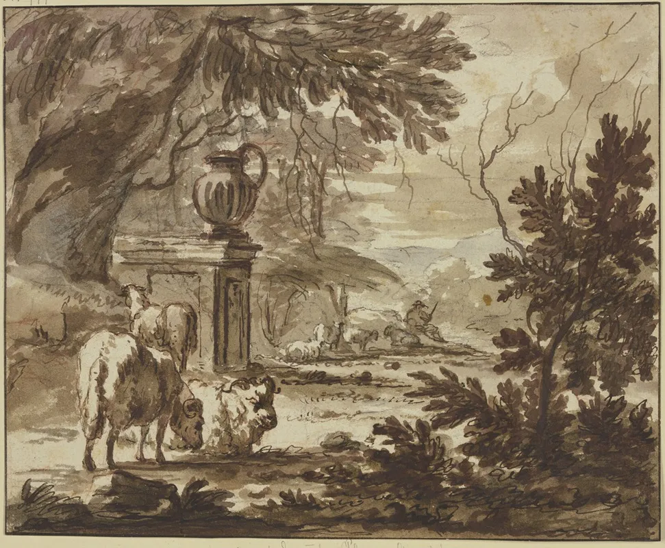 Bei Einem Monument Mit Einer Grosen Vase Ein Hirte Mit Schafen by Jacob van der Does - Canvas Print