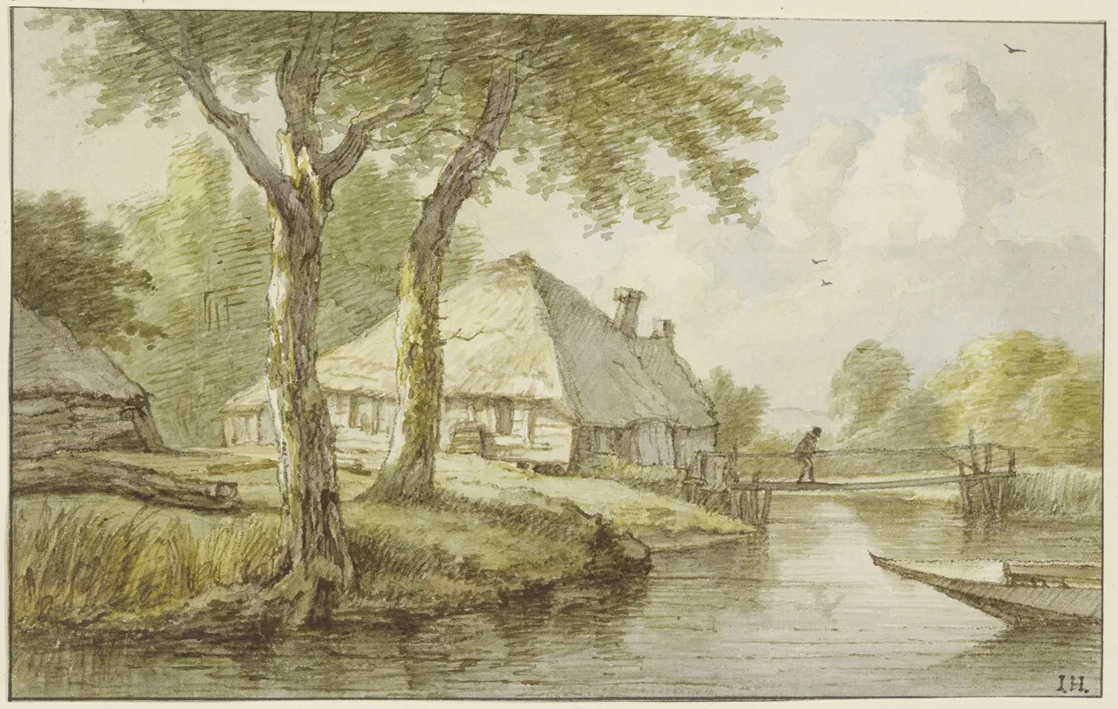 Bei Zwei Baumen Ein Haus Am Wasser Ein Steg Rechts Die Spitze Eines Kahnes 2 by Jan Hulswit - Canvas Print