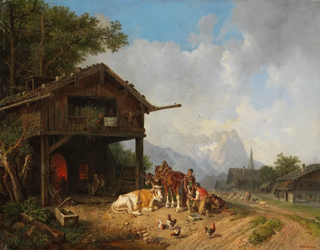 Beim Hufschmied Im Gebirge by Heinrich Bürkel - Canvas Print
