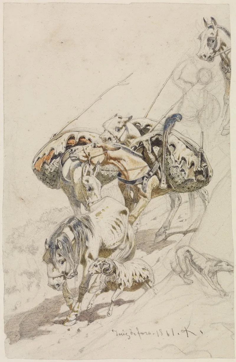 Bepackte Pferde An Steilem Abhang by Ferdinand Keller - Canvas Print