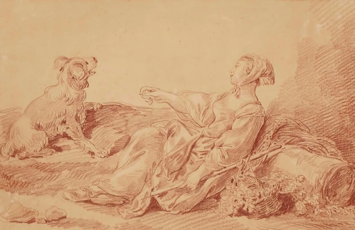Bergere Assise Avec Son Chien