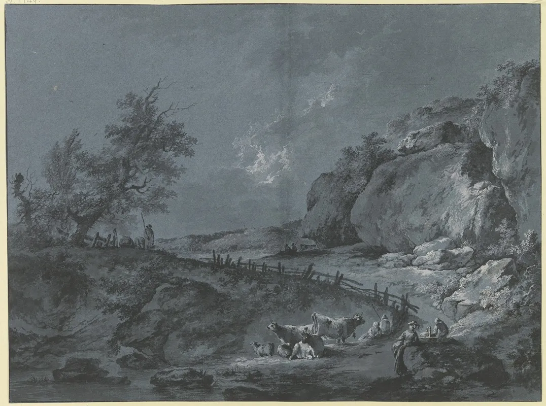Bergweg Am Fus Von Felsen An Der Biegung Durch Einen Lattenzaun Begrenzt Iim Vordergrund Hirten Rinder Und Schafe by Johann Heinrich Wüest - Canvas Print