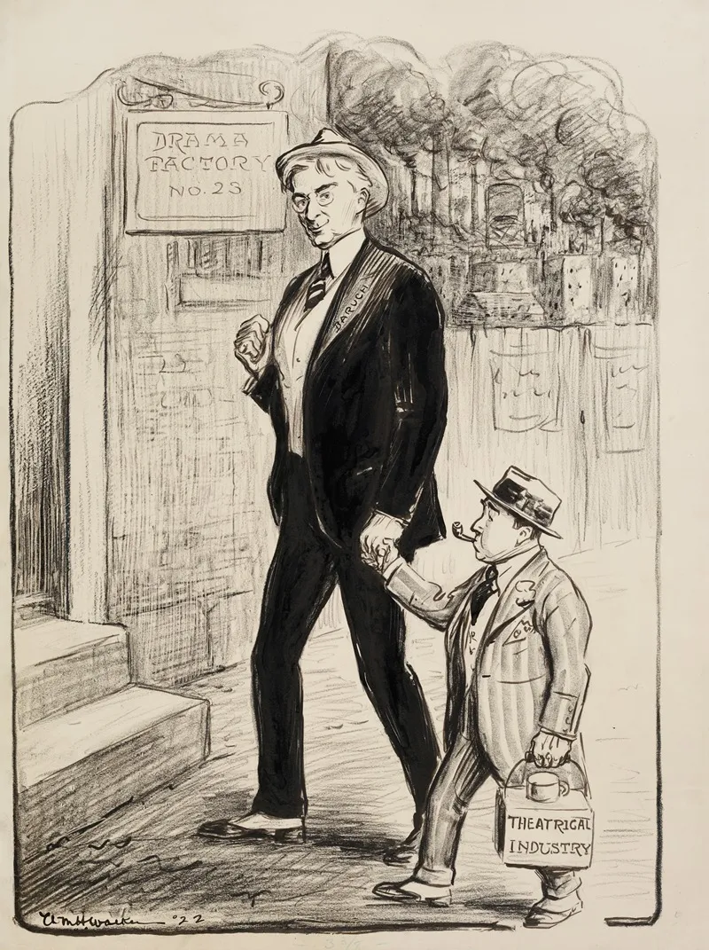 Bernard Baruch Leads A Small Man Representing The Theatrical Industry By The Hand To A Building Labeled Drama Factory No 25