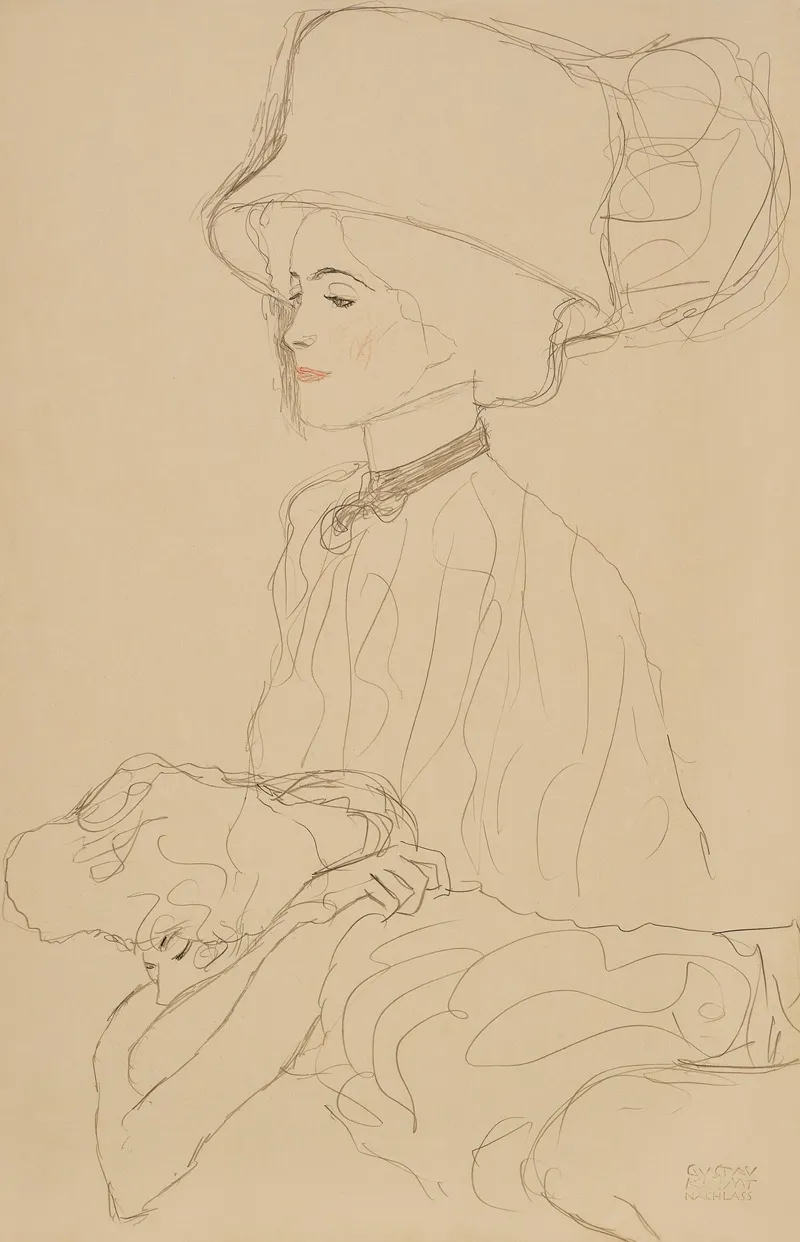Bildnisskizze Mit Hohem Hut Und Liegende Frau by Gustav Klimt - Canvas Print