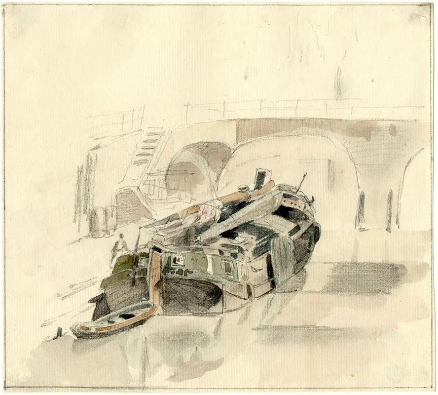 Binnenvaartschip Aan De Kade Bij Een Brug Utrecht
