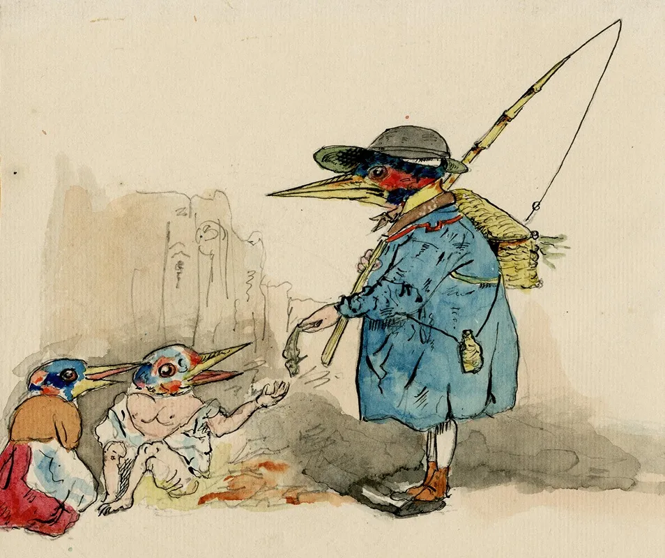 Bird Brings A Fish To His Off Spring Satirical Print