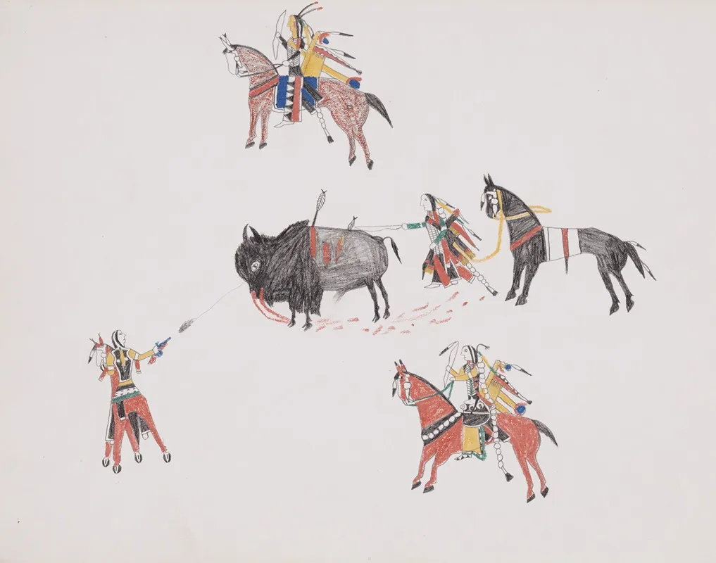 Bison Hunt With Indians On Horseback And On Foot by Howling Wolf - Canvas Print