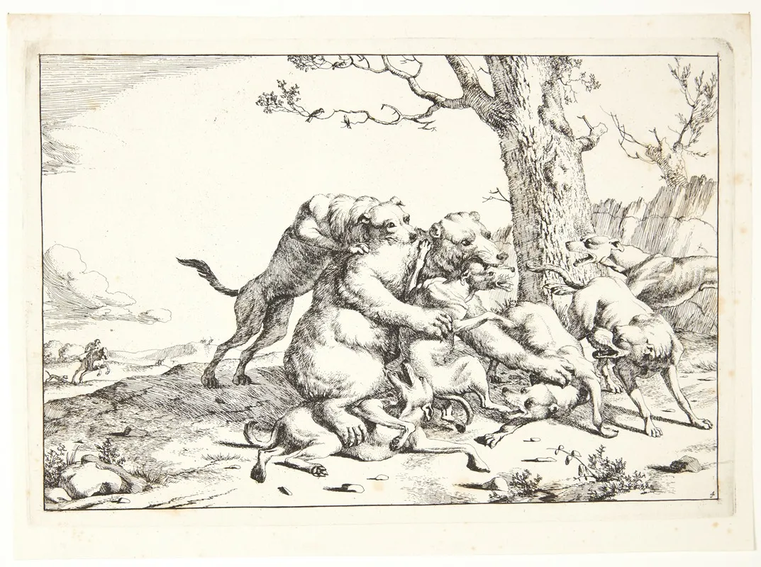 Bjorn Kaempende Mod Seks Hunde by Marcus de Bye - Canvas Print