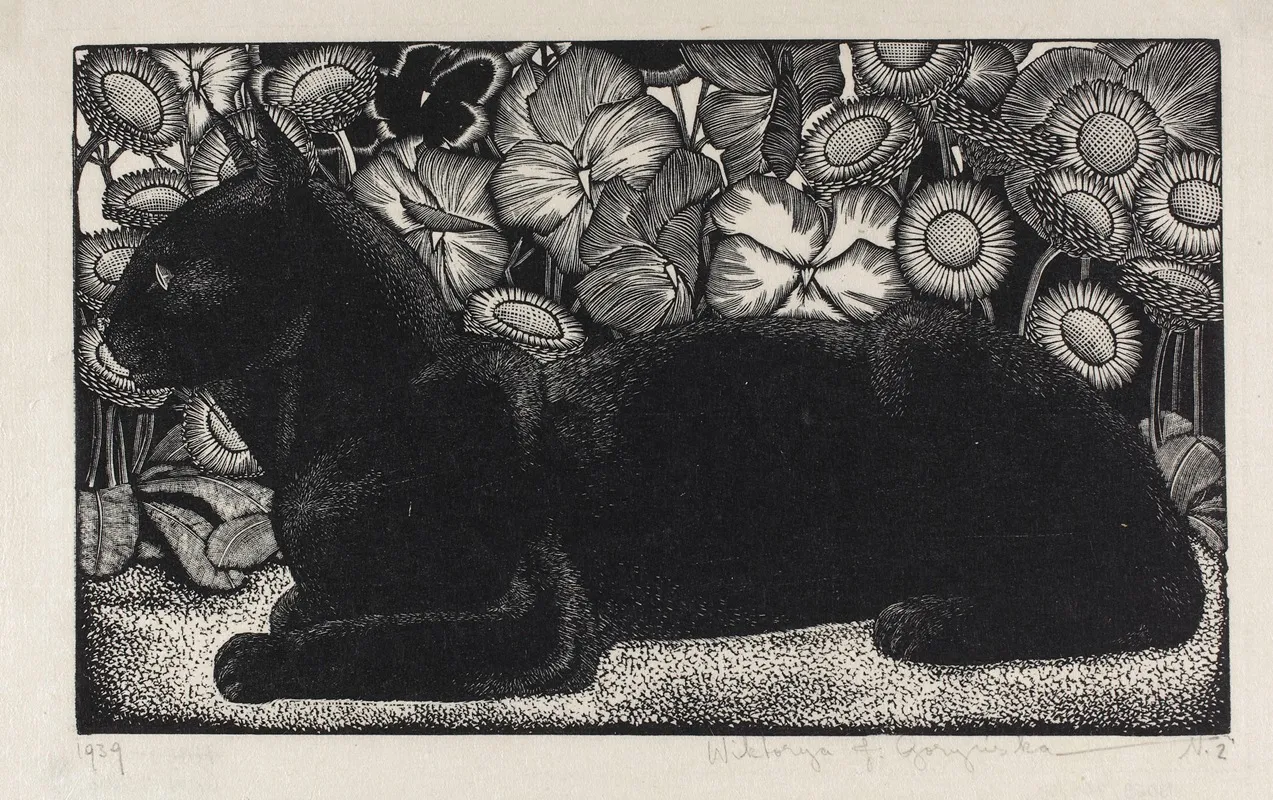 Black Cat On Flower Background