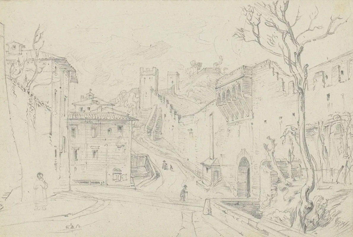 Blick Auf Eine Breite Einen Hang Hinauffuhrende Strase In Italien Links Von Hausern Rechts Von Der Stadtmauer Begrenzt by Friedrich Metz - Canvas Print