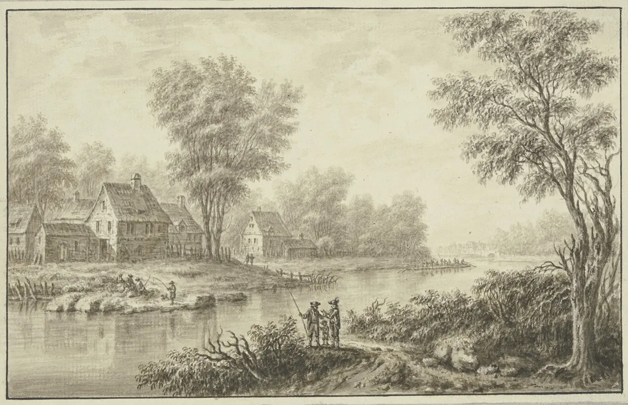 Blick Auf Einen Flus Am Linken Ufer Eine Hausergruppe Unter Baumen Im Vordergrund Eine Anglergruppe by Johann Caspar Zehender - Canvas Print