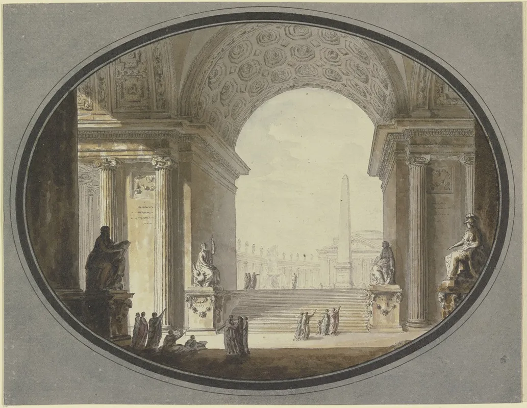 Blick Durch Ein Kassettiertes Rundbogengewolbe Auf Einen Dem Petersplatz In Rom Nachempfundenen Platz Im Scheitel Ein Dem Romischen Pantheon Ahnelnder Bau by Jacques-François Blondel - Canvas Print