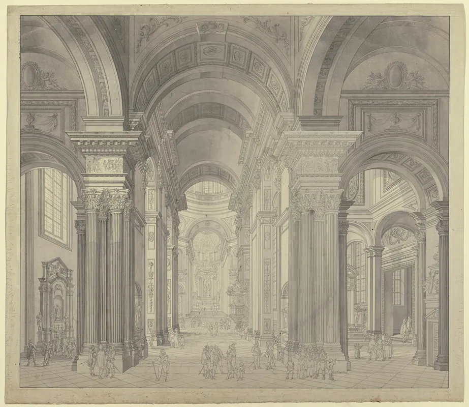 Blick In Das Innere Einer Barockkirche Mit Staffagefiguren In Der Tracht Des 17 Jahrhunderts