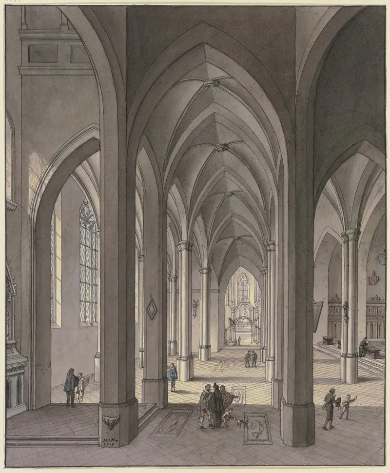Blick In Den Chor Einer Dreischiffigen Gotischen Hallenkirche Mit Staffagefiguren In Der Tracht Des 17 Jahrhunderts 1819