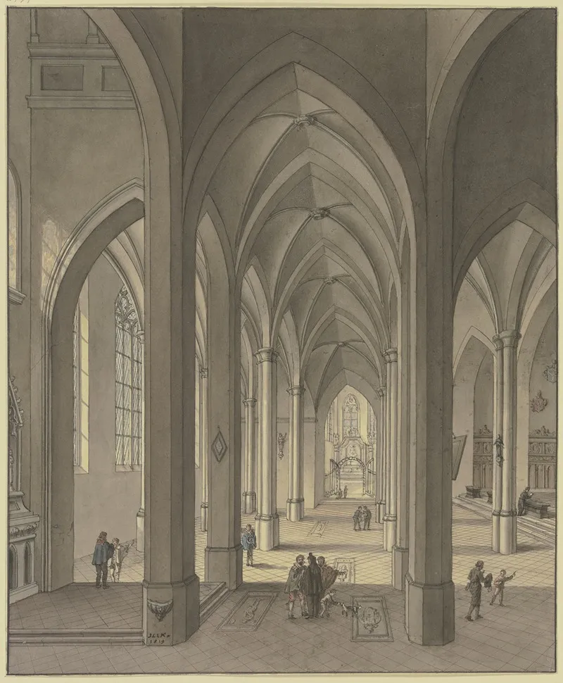 Blick In Den Chor Einer Dreischiffigen Gotischen Hallenkirche Mit Staffagefiguren In Der Tracht Des 17 Jahrhunderts