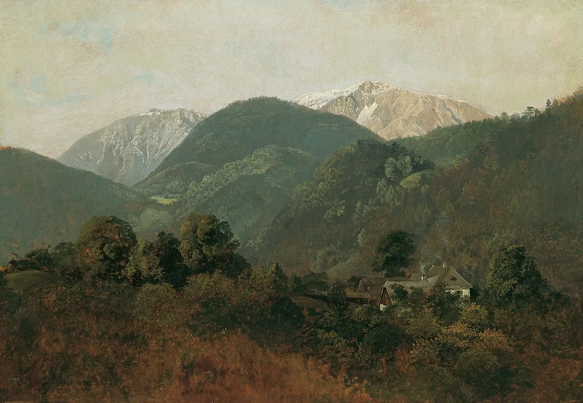 Blick Von Scheuchenstein Zum Gauermannhof Mit Schneeberg Im Hintergrund