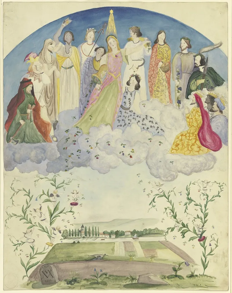 Blumen Uber Eine Landschaft Streuende Und Ausschuttende Flora Umgeben Von Dionysischen Biblischen Und Historischen Gestalten