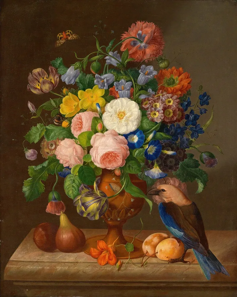 Blumenstuck Mit Vogel by Johann Georg Seitz - Canvas Print