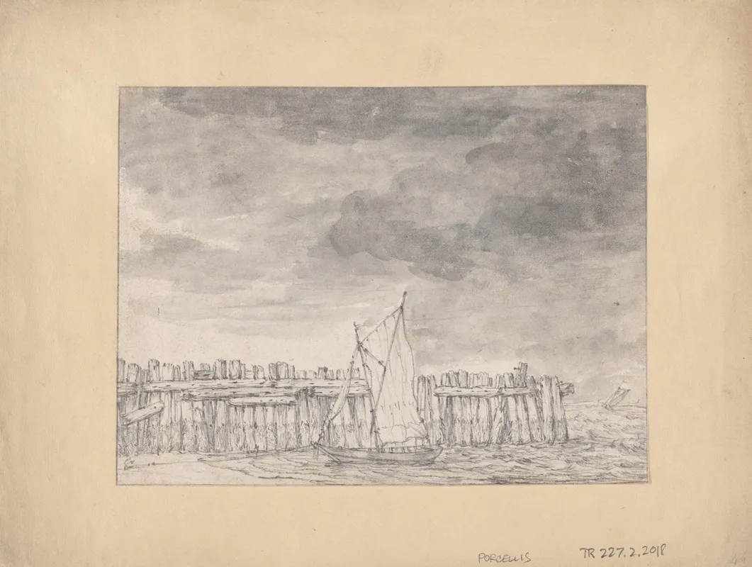 Boat Moored On A Beach By A Wooden Palisade by Jan Porcellis - Canvas Print