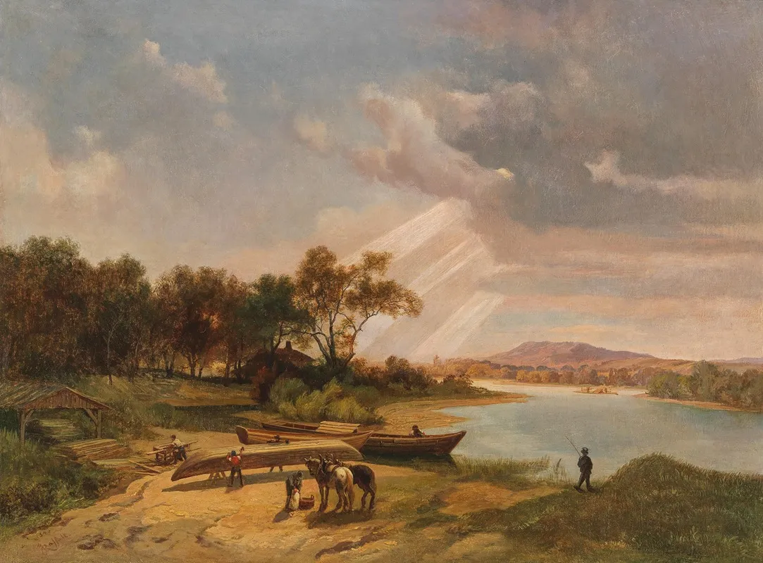 Boatbuilders On The Riverbank by Ignaz Raffalt - Canvas Print