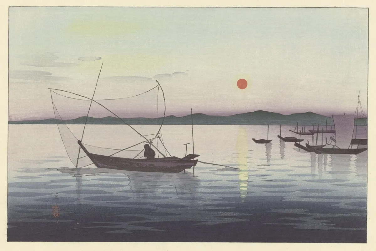 Boats And Setting Sun by Ohara Koson - Canvas Print