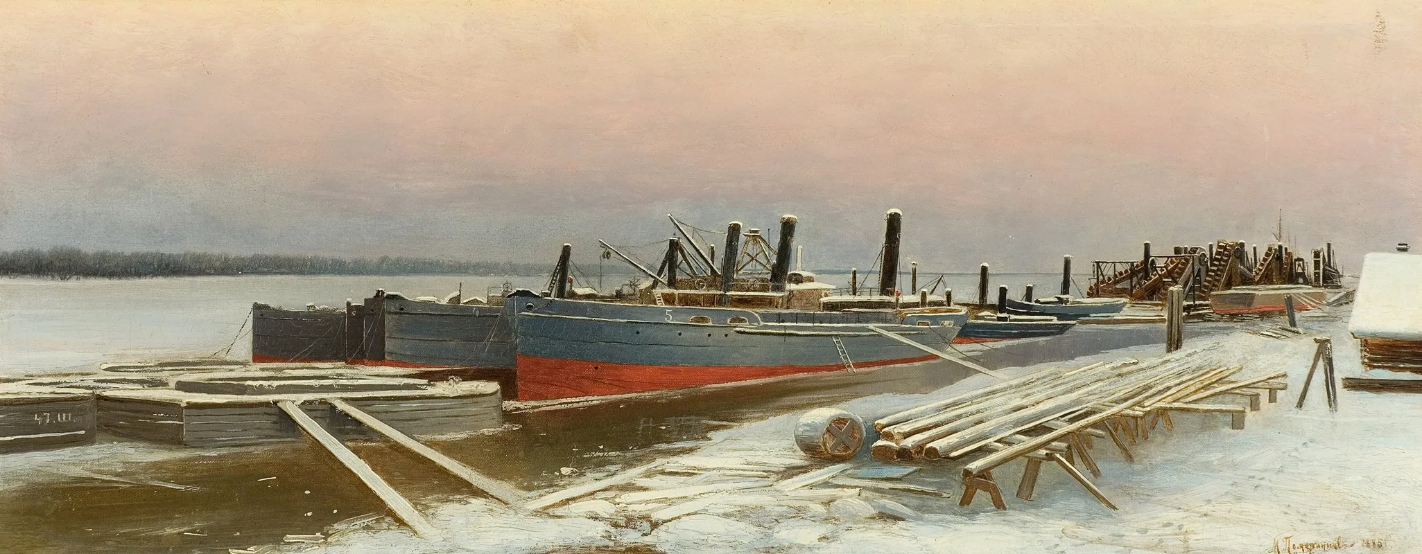 Boats At Dock In Winter by Mikhail Pomeranzev - Canvas Print