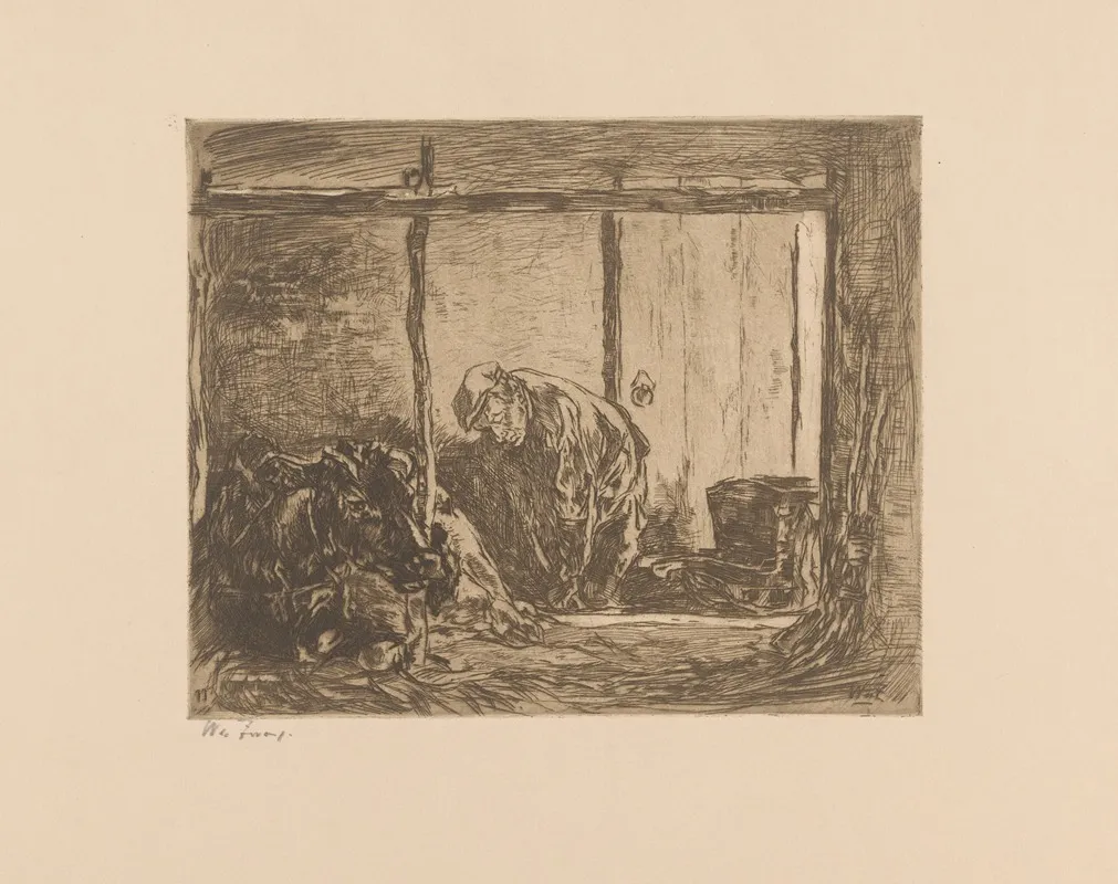 Boer En Koe In Een Stal In De Stal