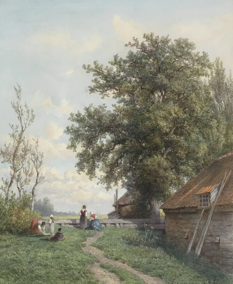 Boerenerf Met Enige Figuren Rechts Een Schuur En Grote Boom by Hendrik Dirk Kruseman van Elten - Canvas Print