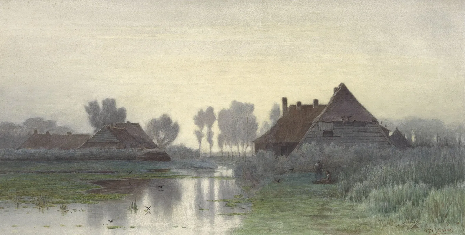 Boerenwoningen Aan Het Water Bij Ochtendnevel by Paul Joseph Constantin Gabriël - Canvas Print