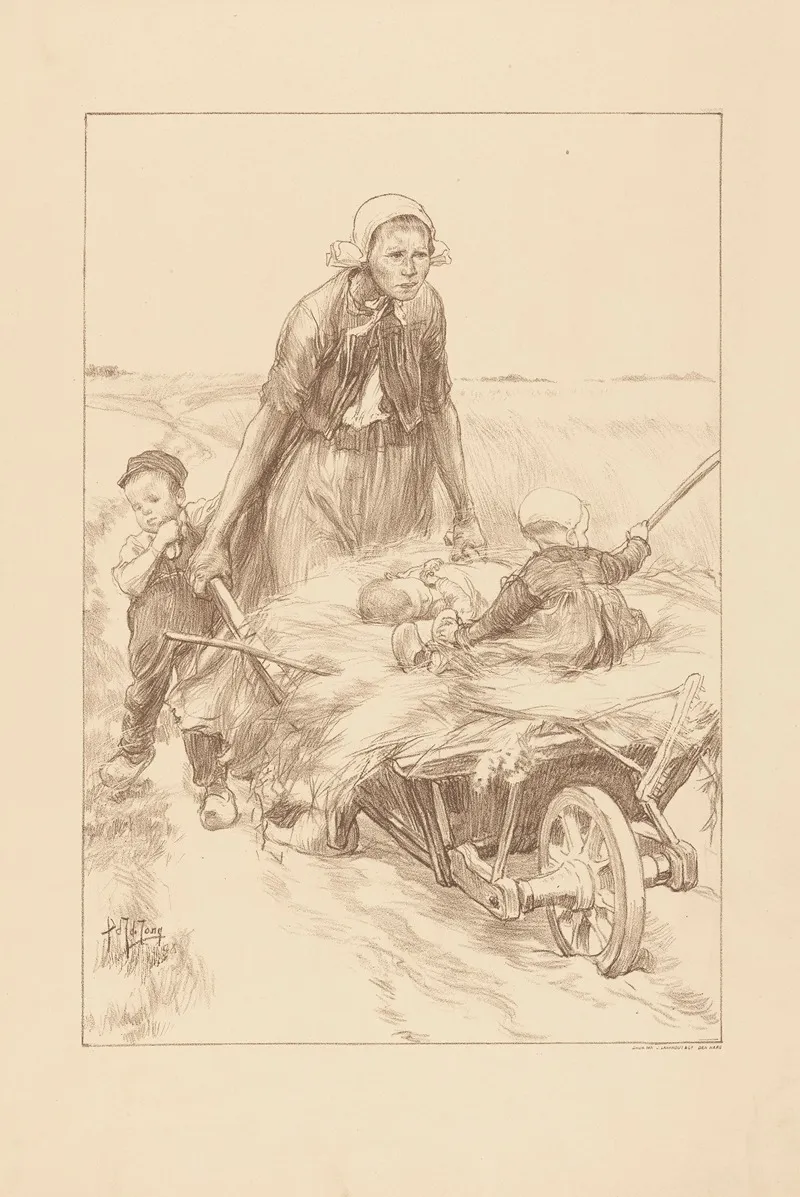 Boerin Die Een Kruiwagen Met Hooi En Twee Kinderen Duwt by Pieter Josselin de Jong - Canvas Print