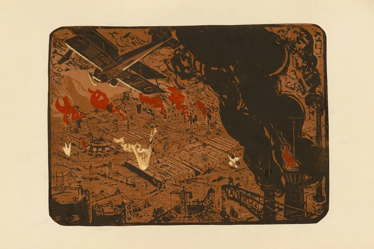 Bombardement Nocturne Dune Usine Night Bombardment Of A Factory by Maurice Busset - Canvas Print